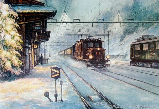 Art Prints 1026 RhB, Fillsur Train Station in Winter