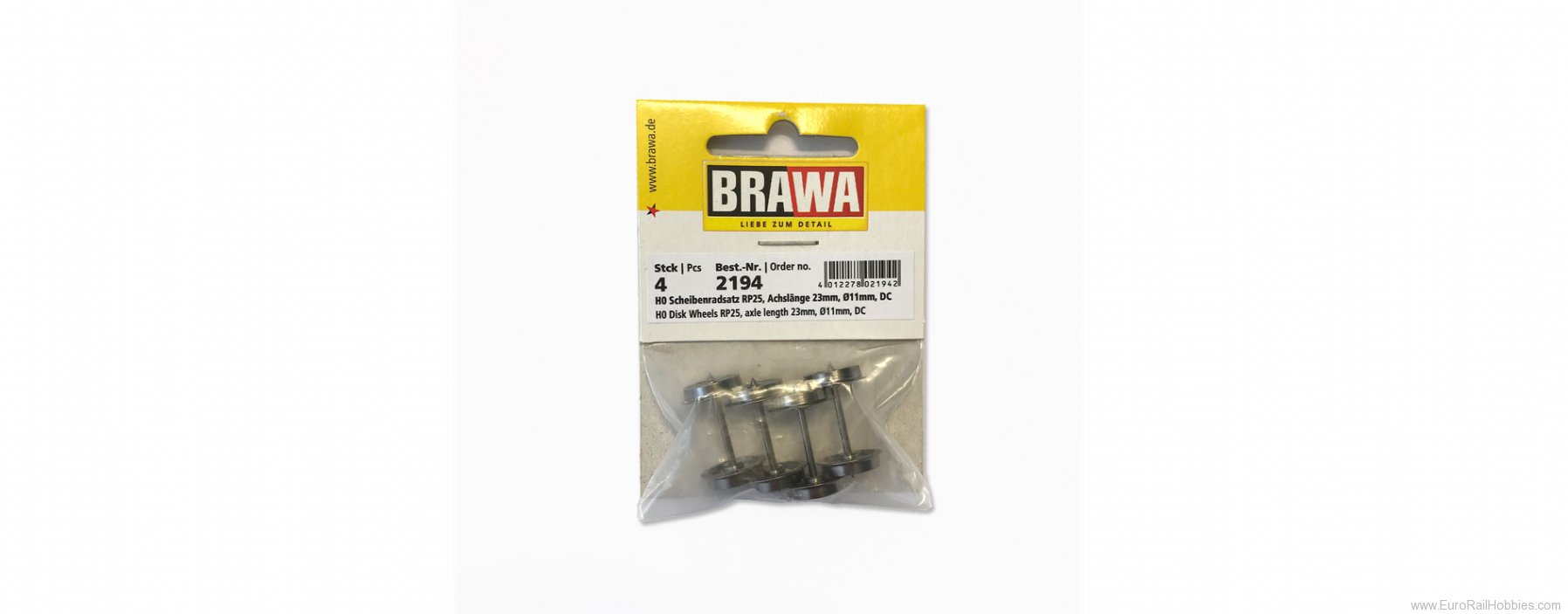 Brawa 2194 H0 Wheelset RP25, DC, toe bearing 23mm [4 pie