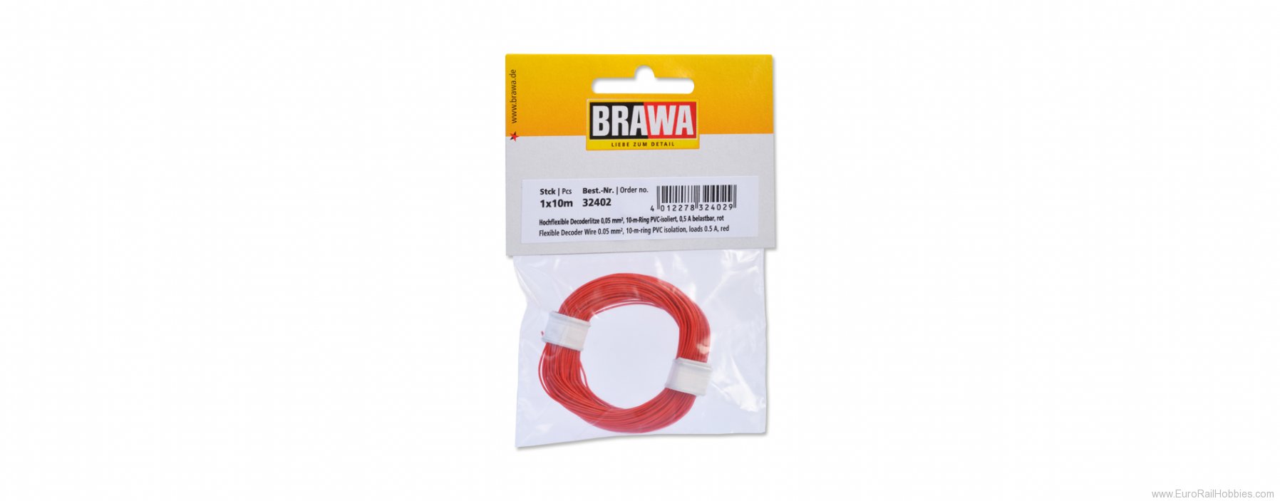 Brawa 32402 Red Flexible Decoder Wire, 0.05 mm2, 10 Metre