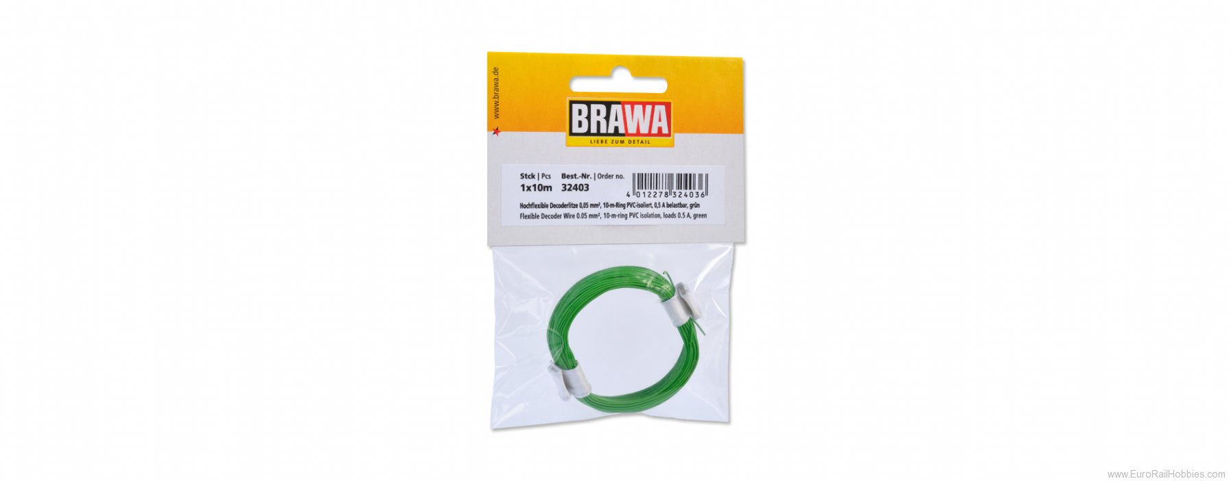 Brawa 32403 Green Flexible Decoder Wire, 0.05 mm2, 10 Met