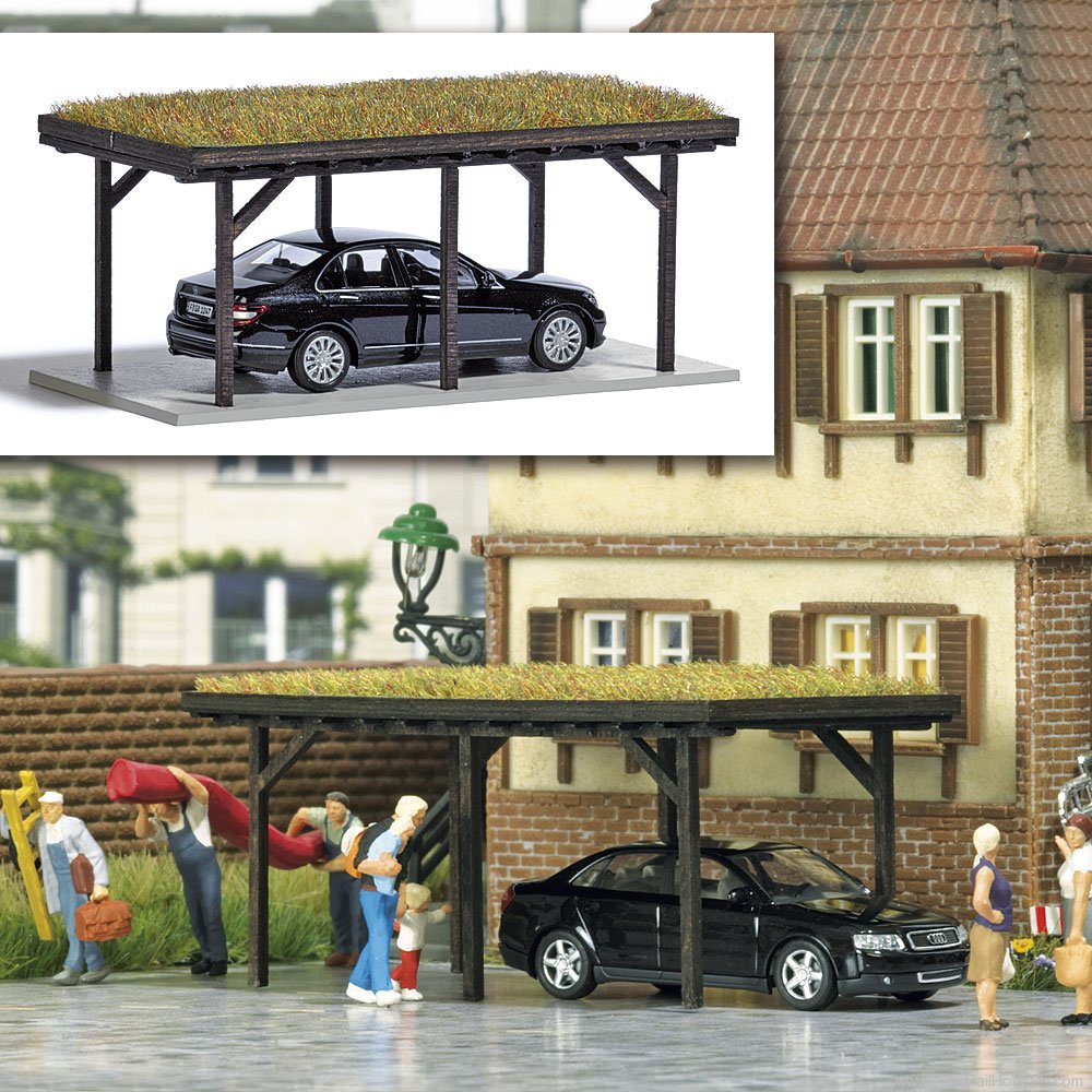 Busch 1482 Carport with Grass Roof and Model Vehicle 