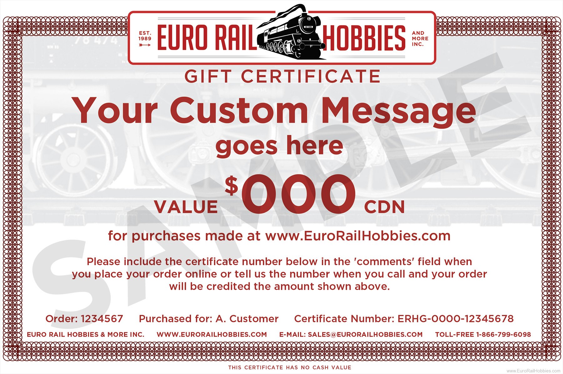 Gift Certificates ERH150 Euro Rail Hobbies $150 (Canadian Dollar) Gift