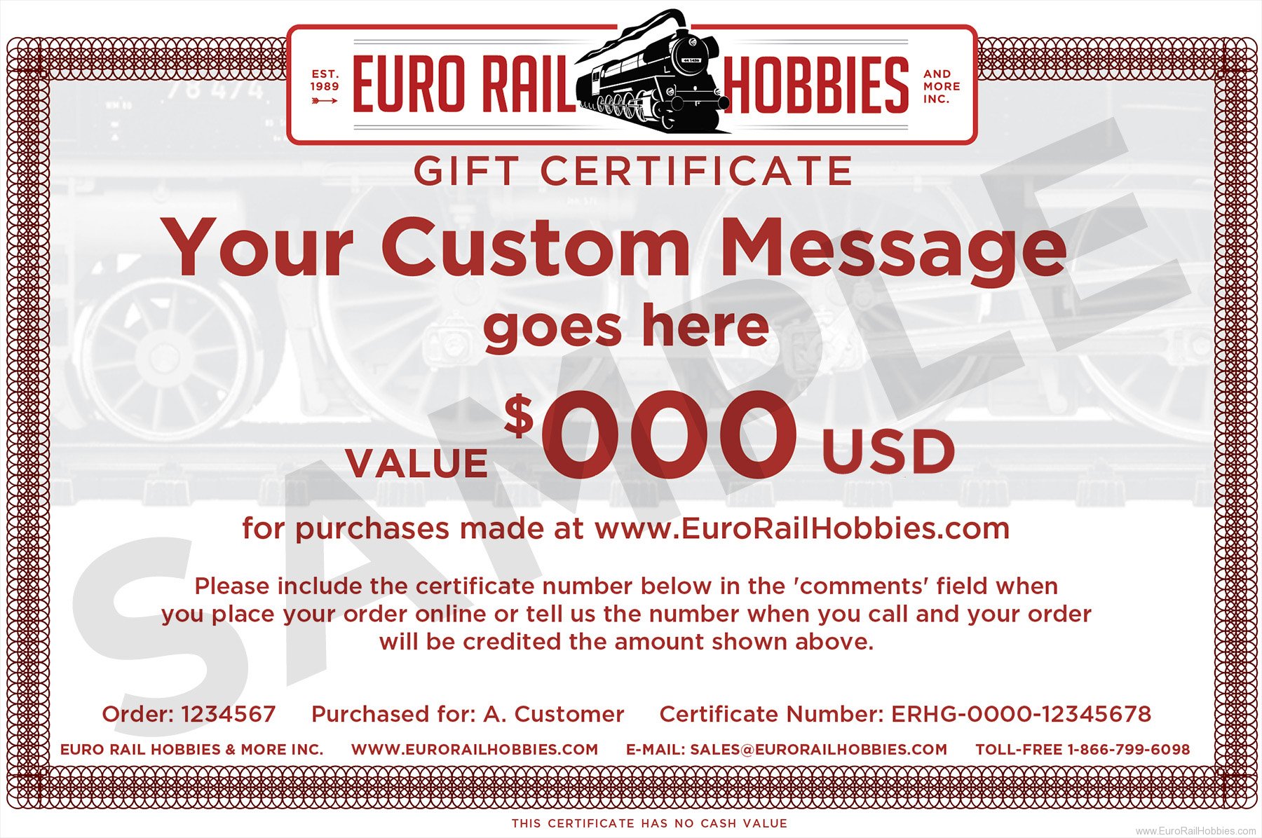 Gift Certificates ERH150USD Euro Rail Hobbies $150 (US Dollar) Gift Certi