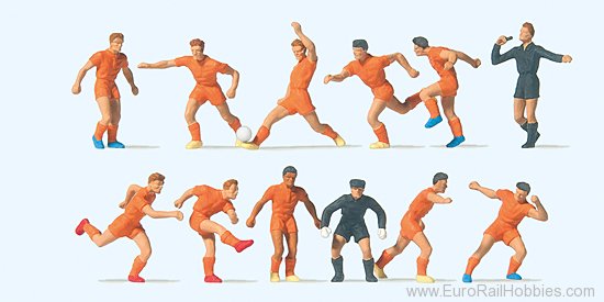 Preiser 10761 Soccer team and referee. Orange shirts and sh