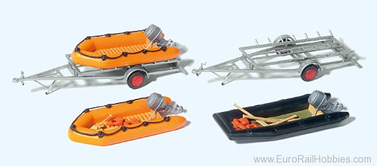 Preiser 17312 3 rubber dinghys. 2 trailers. Kit