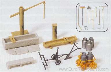 Preiser 17600 Rural Detail Set -- Water Pump w/Trough, Hors