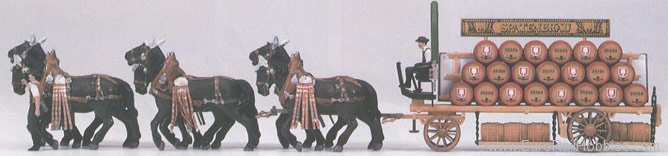 Preiser 30438 Horse-Drawn Vehicles -- Beer Wagon w/Horses S