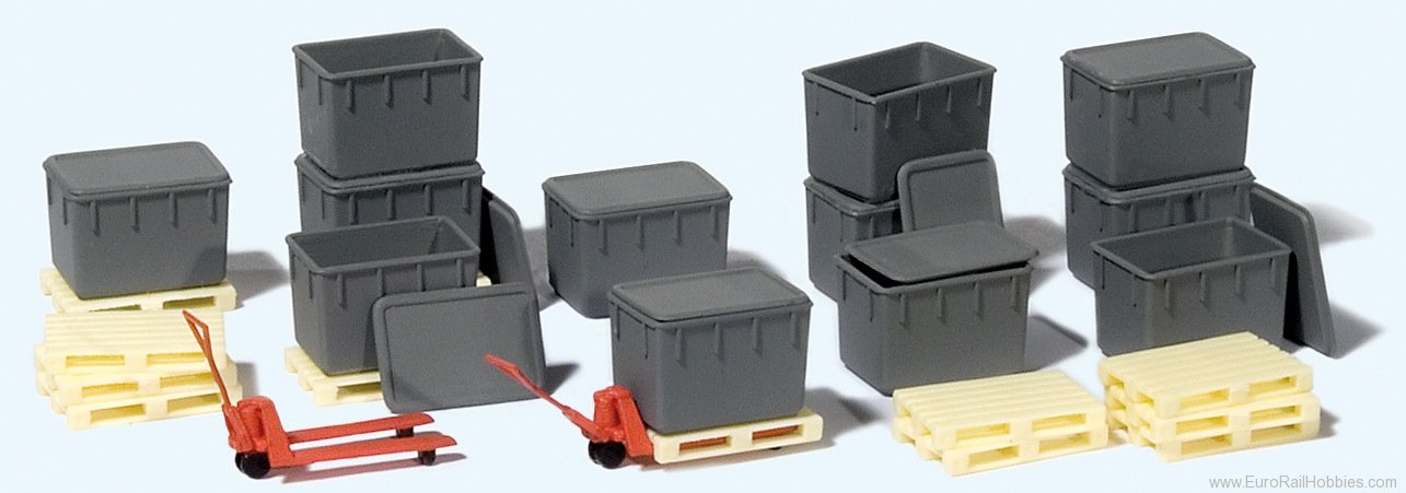 Preiser 31025 12 plastic containers, stackable, loose lid. 