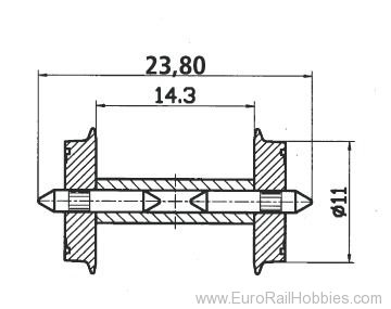 Roco 40193 Wheel set 11 mm, with forked axle