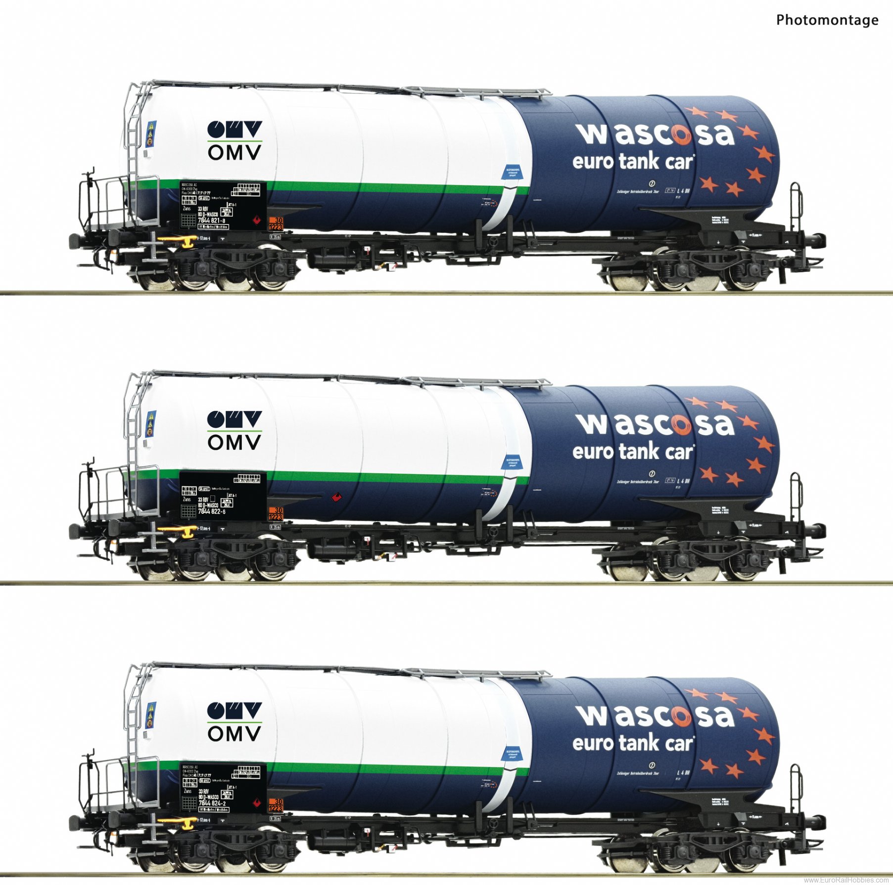 Roco 6600054 3 piece set: Tank wagons, Wascosa/OMV