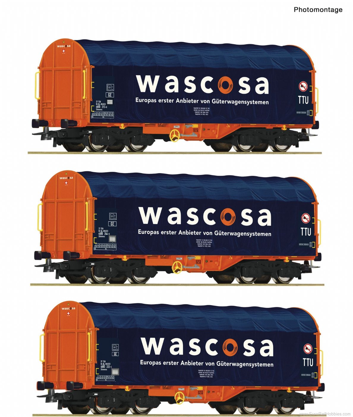 Roco 76009 3 piece set: Sliding tarpaulin wagons, Wascos