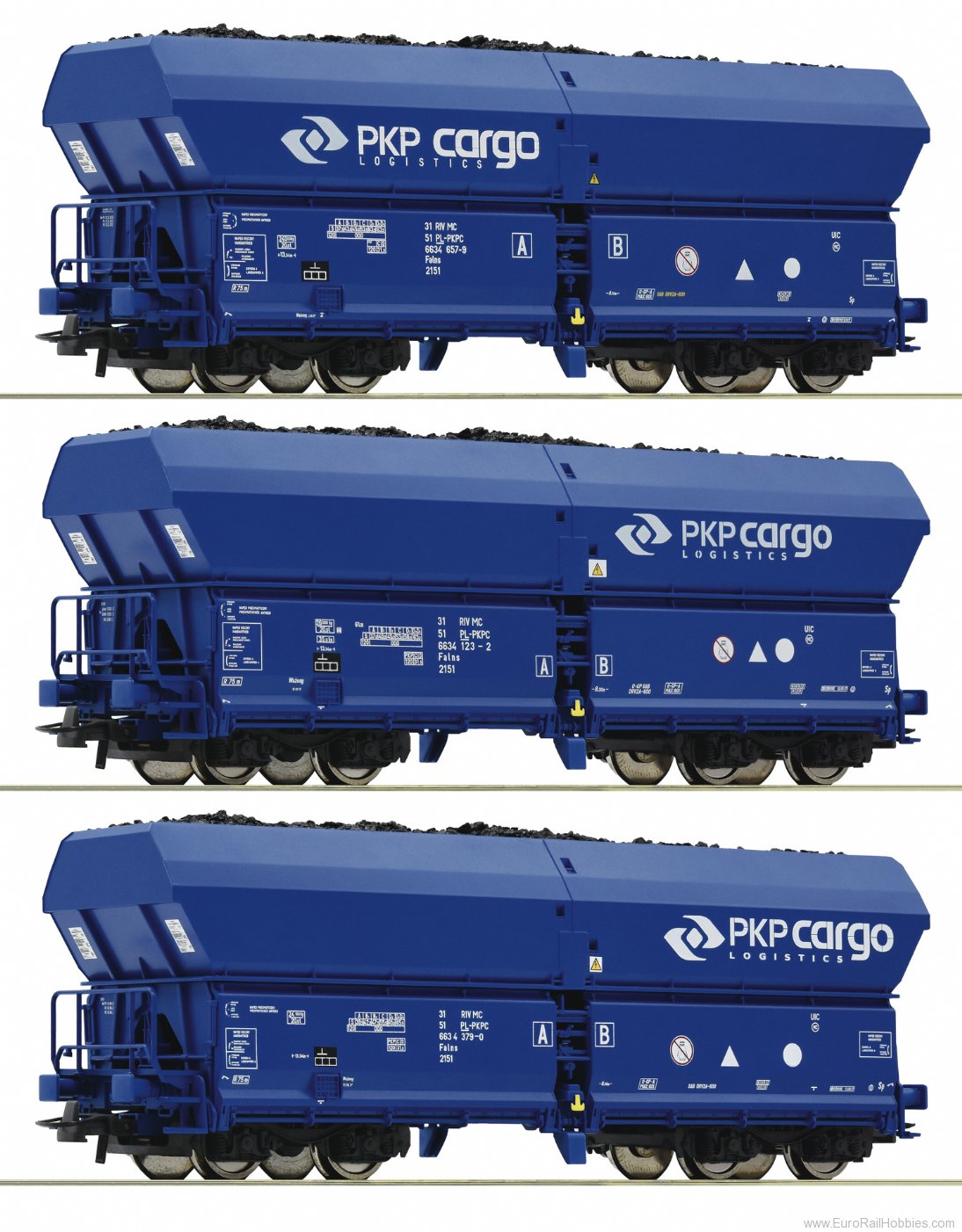 Roco 76046 PKP 3 Piece Set Self-Unloading Hopper Wagons