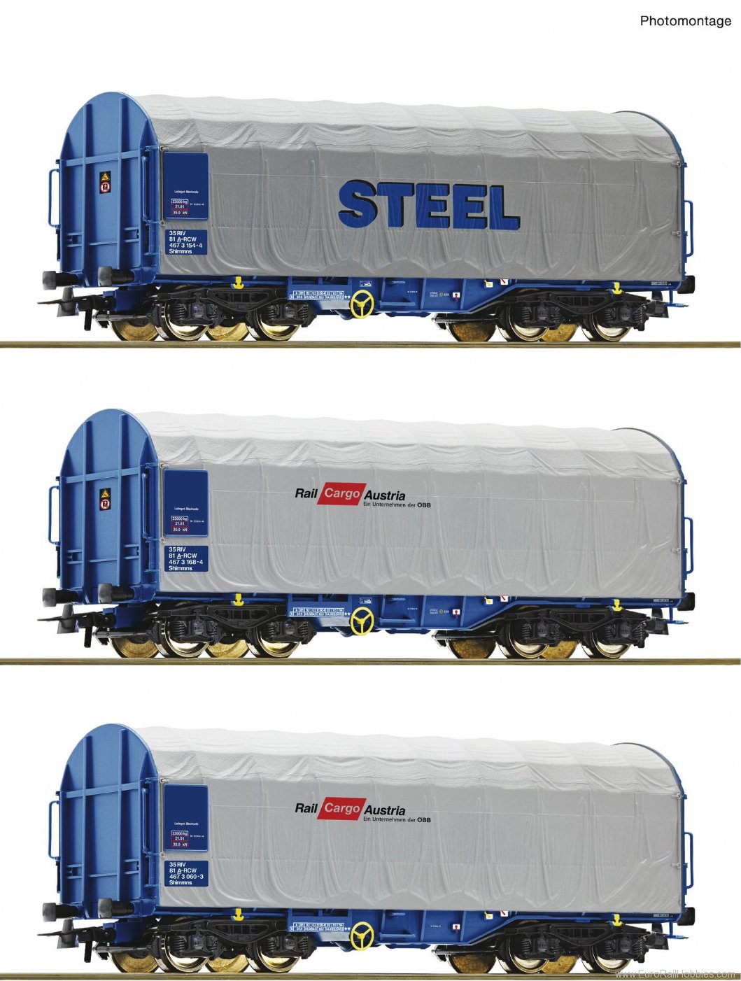 Roco 77024 3 piece set: Sliding tarpaulin wagons, ÃBB