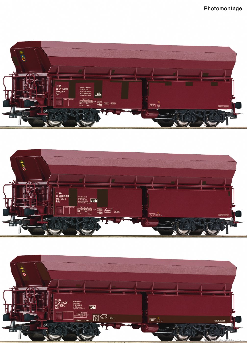 Roco 77033 3 piece set: Self-unloading wagons, Holcim