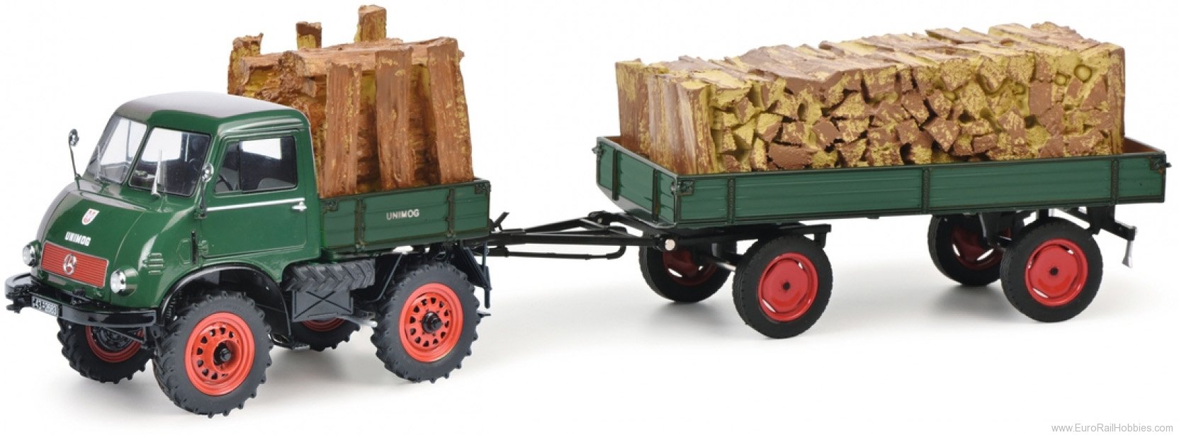 Schuco 450313300 Unimog U401 with agriculture trailer and wood