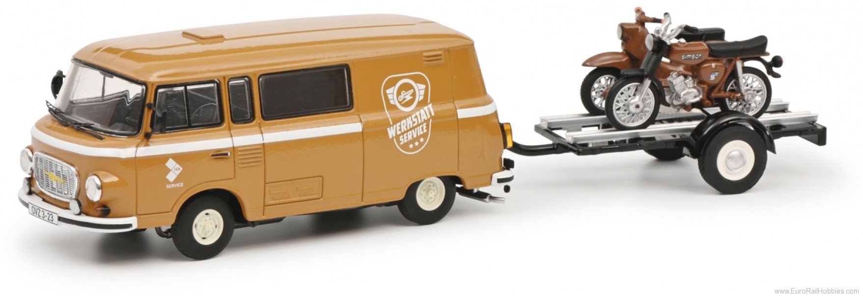 Schuco 450364200 Barkas B1000 halfbus with trailer and Simson 