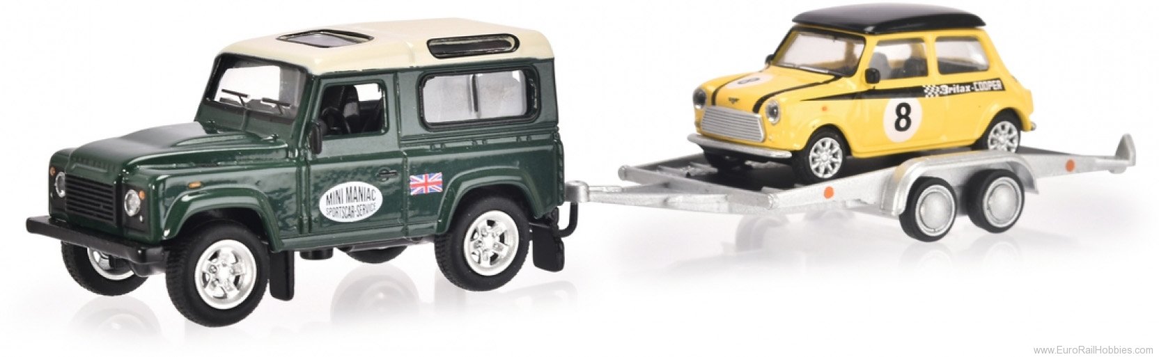 Schuco 452034800 Land Rover Defender with trailer and Mini Coo