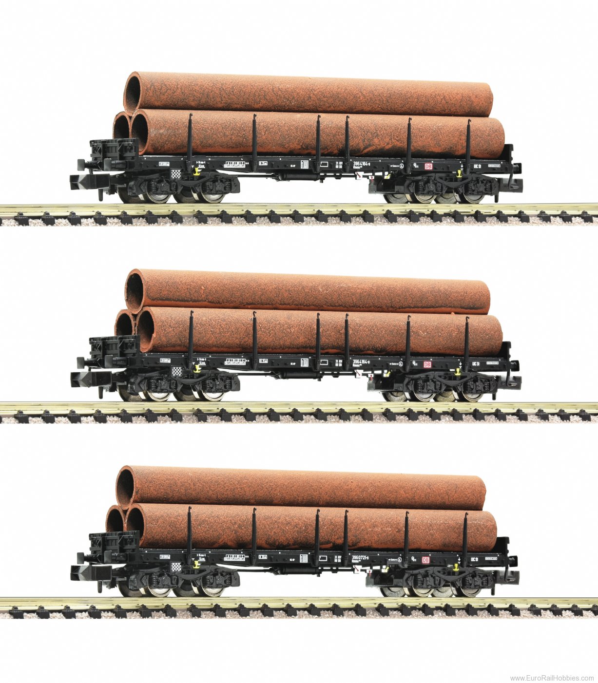Fleischmann 826702 DB AG 3 Piece Flat Wagon Set w/Pipe Load
