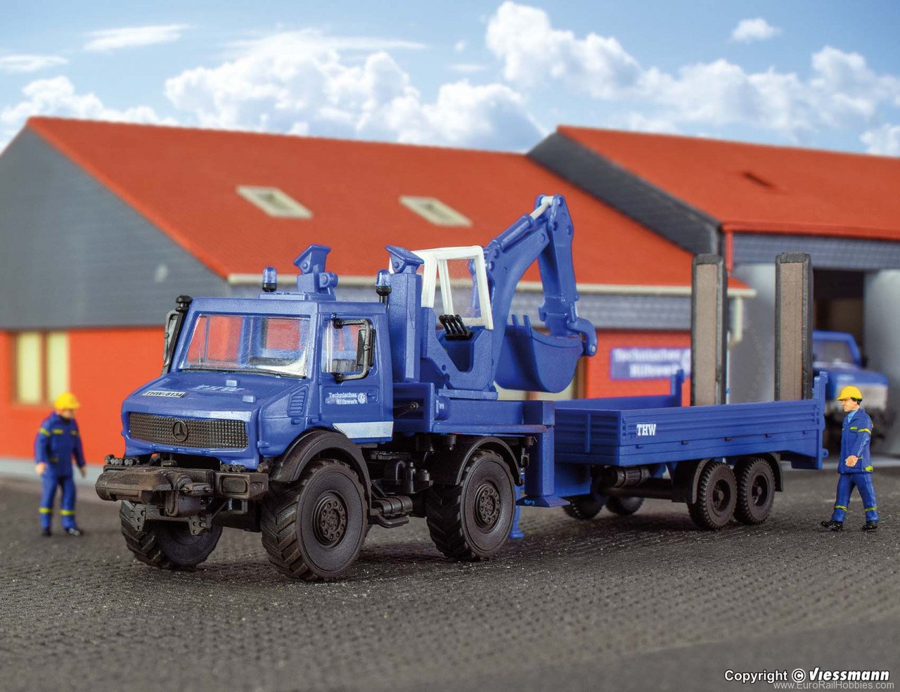 Kibri 18478 H0 THW Unimog with excavator an trailer