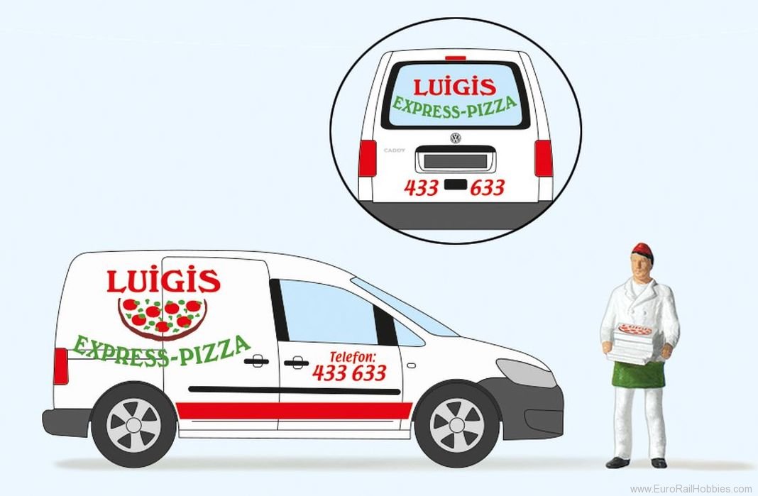 Preiser 33266 Pizza delivery man with Volkswagen Caddy. Rea
