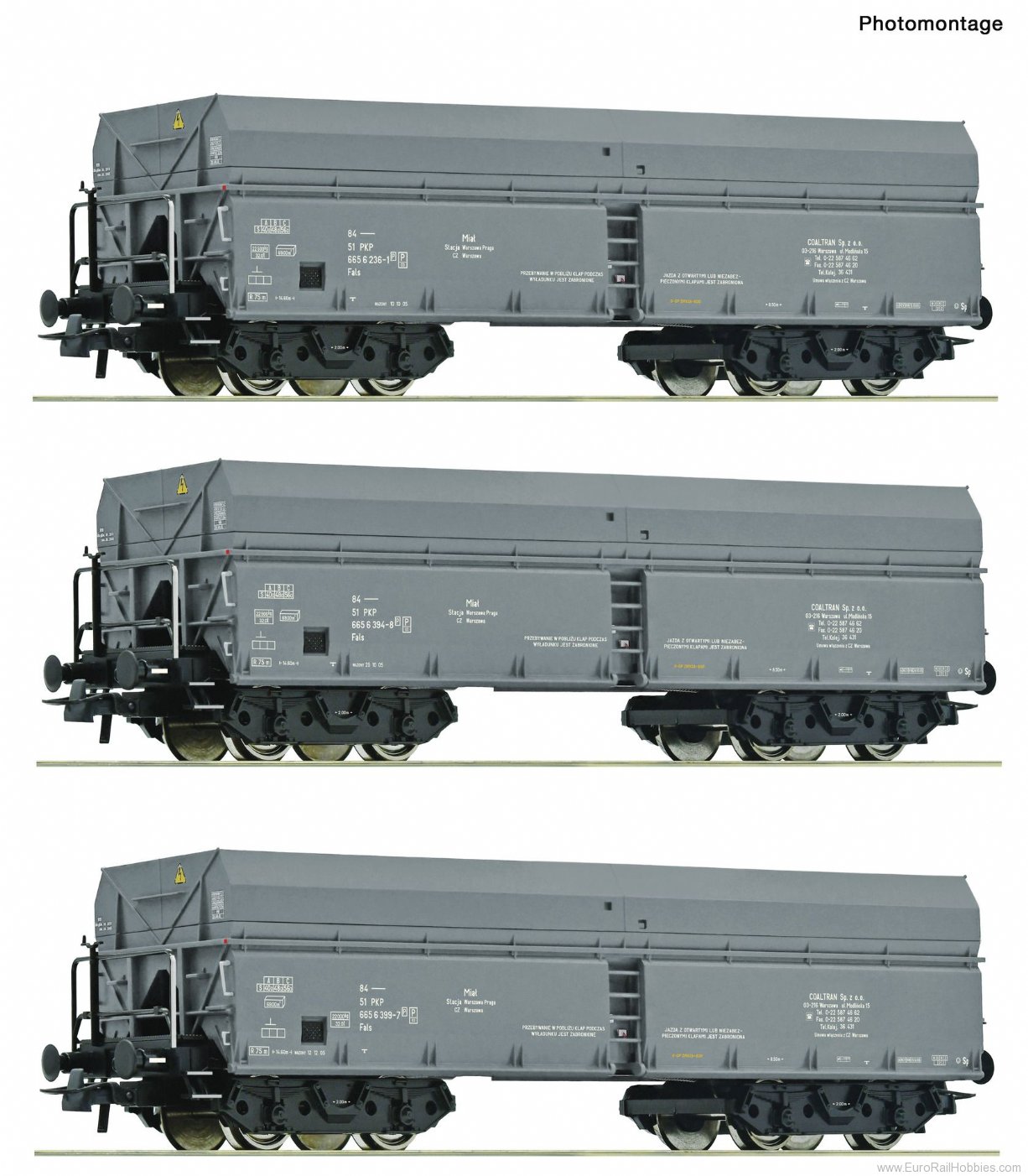 Roco 76008 3 piece set: Self unLoaded hopper wagons, PKP