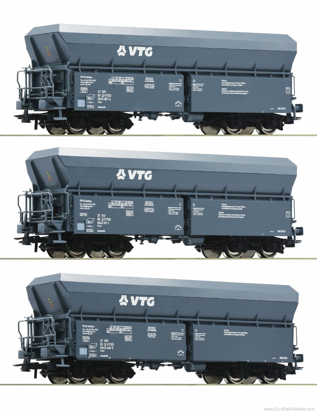 Roco 76092 3 piece set: Self-unloading hopper wagons, VT