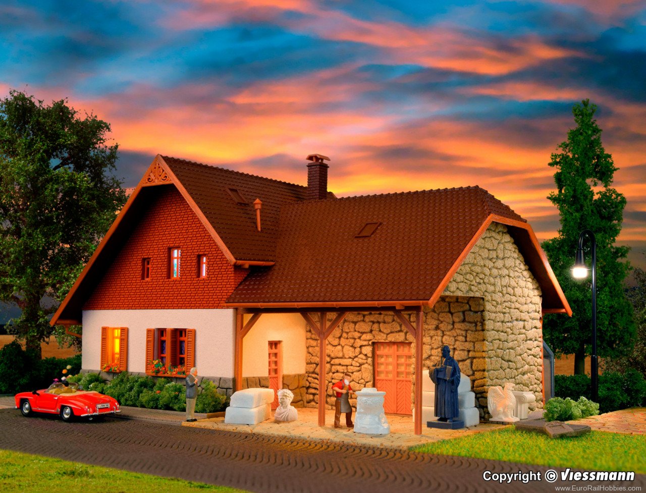 Vollmer 48280 H0 Stonemason house with LED lighting, functi